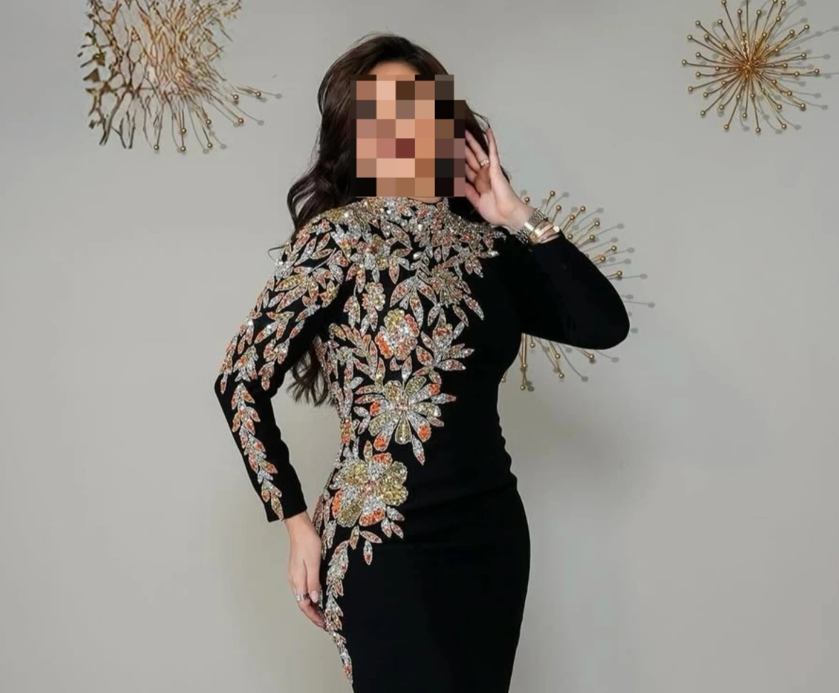 Modische Applikationen, volle Ärmel, hoher Kragen, Ballkleider, Jersey, A-Linie, knöchellang, Abendkleid, maßgeschneidertes schwarzes Partykleid, neu