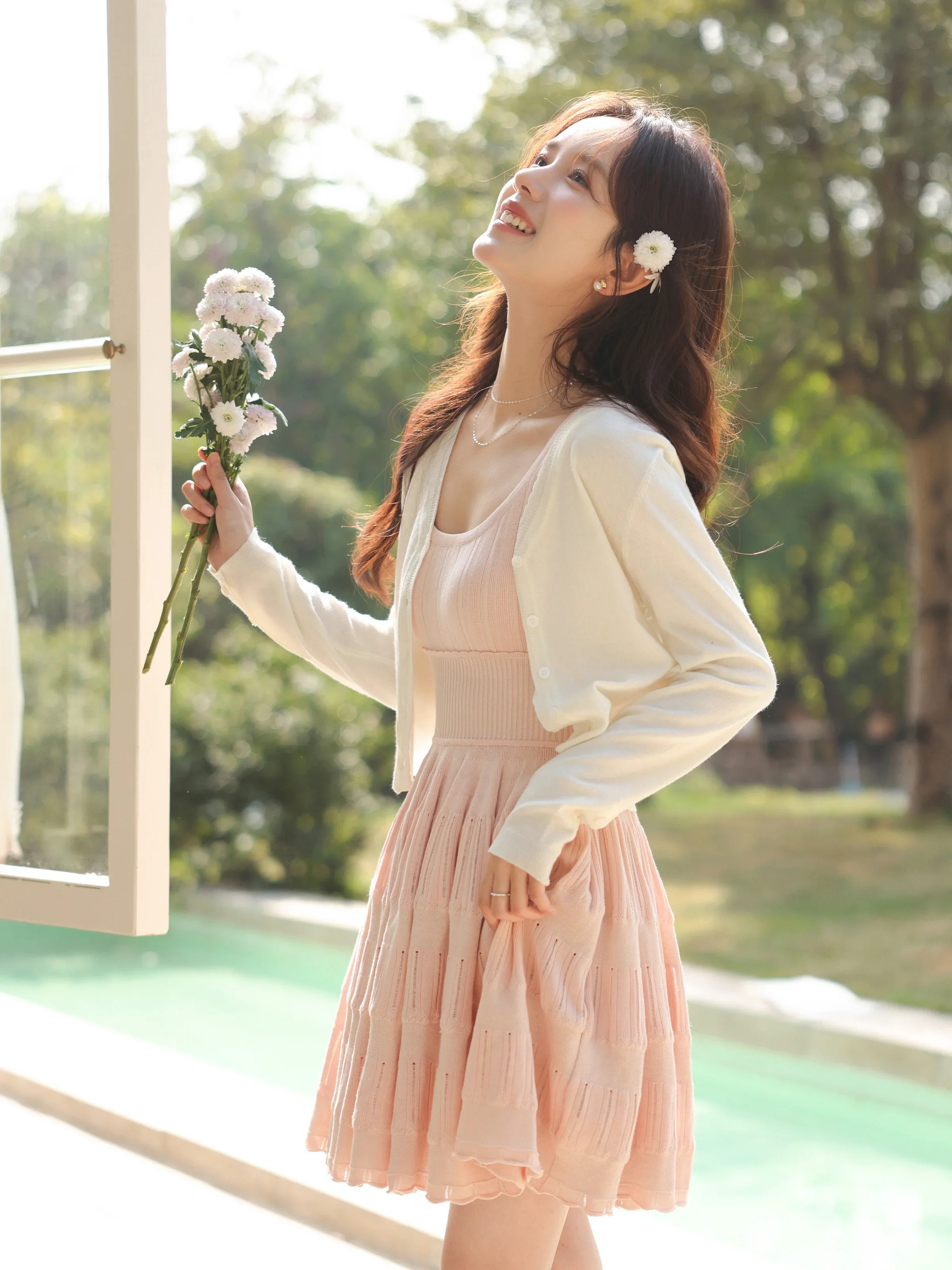 

Summer TENCEL Knit Cami Dress Cardigan Set Women Petite Slim Fit Sleeveless A-Line Mini Dress Soft Lightweight Elegant Outfit