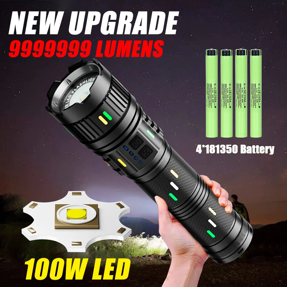 

100W Most Powerful LED Flashlight Rechargeable Super Bright Long Range Zoomable Torch Outdoor Emergency Camping Tactical Lantern