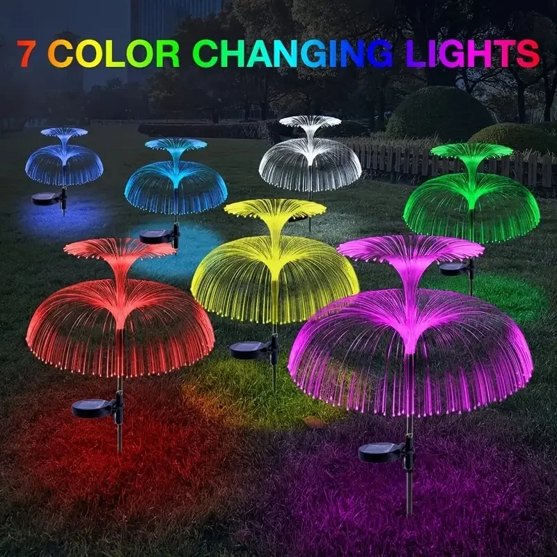 Solar Butterfly Jellyfish Stake Light 7 Color Changing Fiber Optic LED Lamp IP65 Waterproof Outdoor Garden Lawn Yard Landscape D