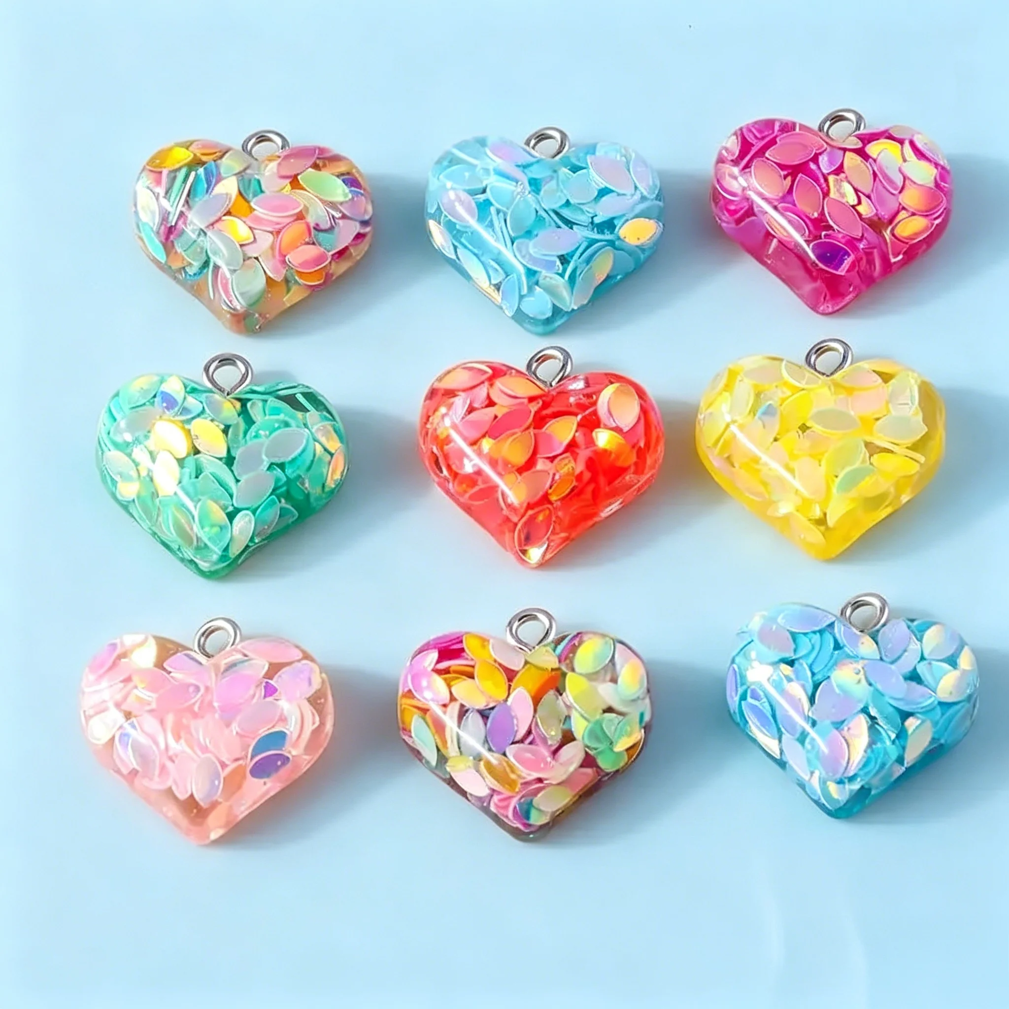 10PCS Resin Sequin Heart Charms 18*19mm Love Shape Pendants DIY Jewelry Necklace Earrings Bracelet Findings
