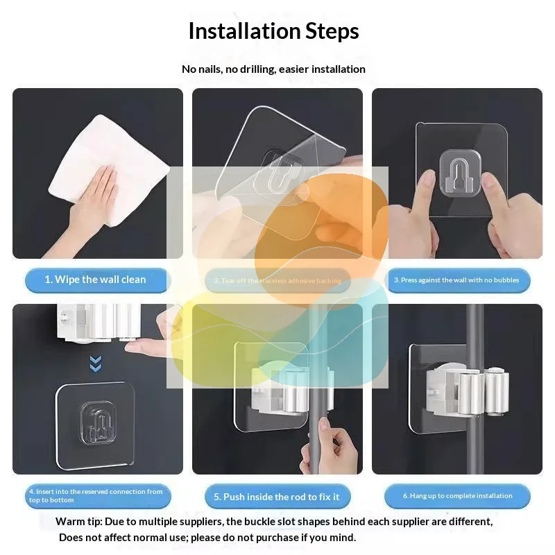 Wall Mounted Mop Holder No Drilling Heavy Duty Non-Slip Adhesive  Rack for Kitchen Utility Room