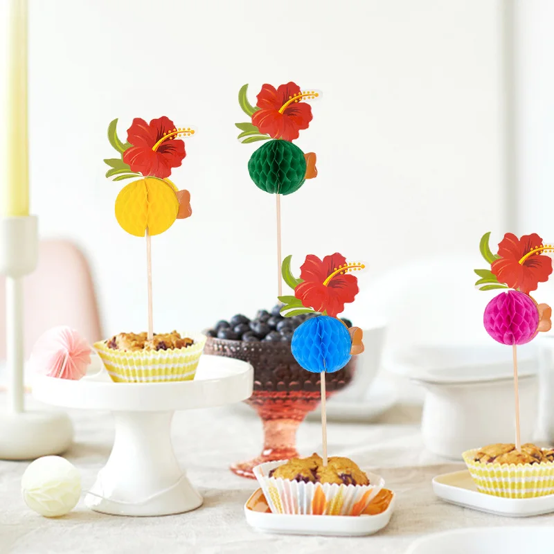 50pcs Hawaiian Bamboo Picks Coconut Tree Hibiscus Palm Honeycomb Ball Summer Beach Party Fruit Dessert Cake Decor Party Favors
