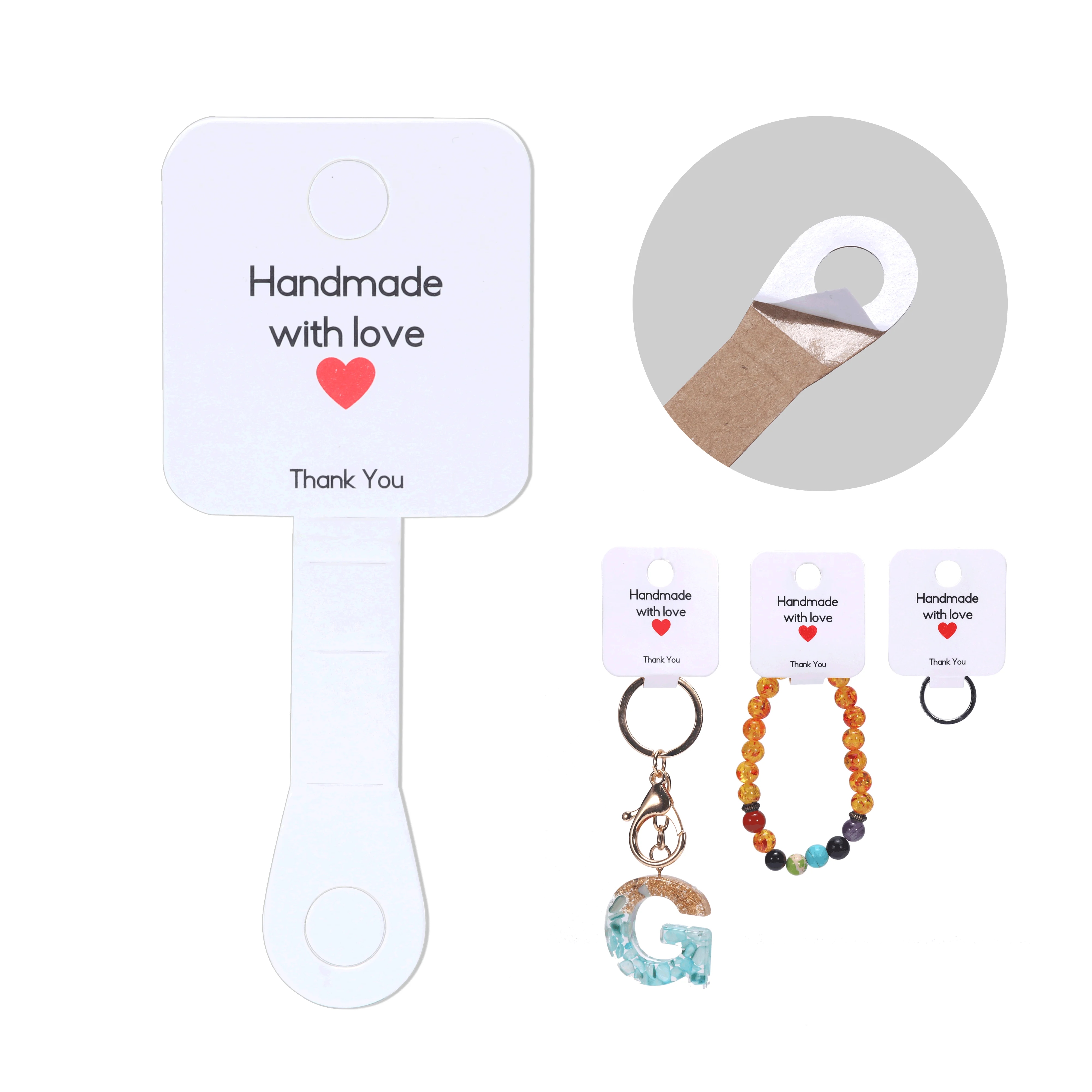 Tarjetas de agradecimiento autoadhesivas para joyería, paquetes pequeños de negocios, collar, pulsera, anillo, soporte hecho a mano con amor, 50