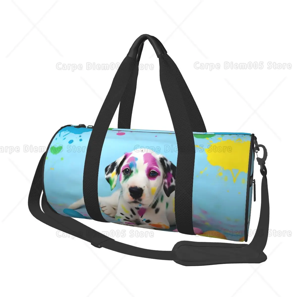

Colorful Dalmatian Puppy with Paint Splatter Art Vibrant Blue Duffle Bag for Pet Lovers, Travel, Gym, and Bold Everyday Style