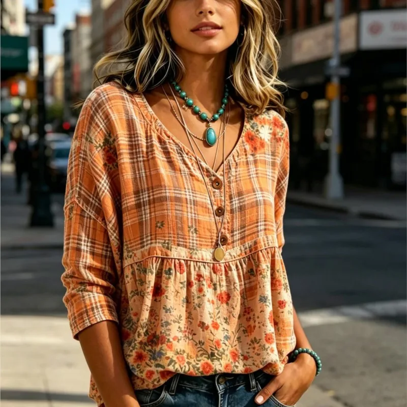 

Women Vintage Plaid Floral Blouse, Orange Check Base Tiny Flower Print, 3/4 Sleeve V Neck Tunic for City Daily Wear