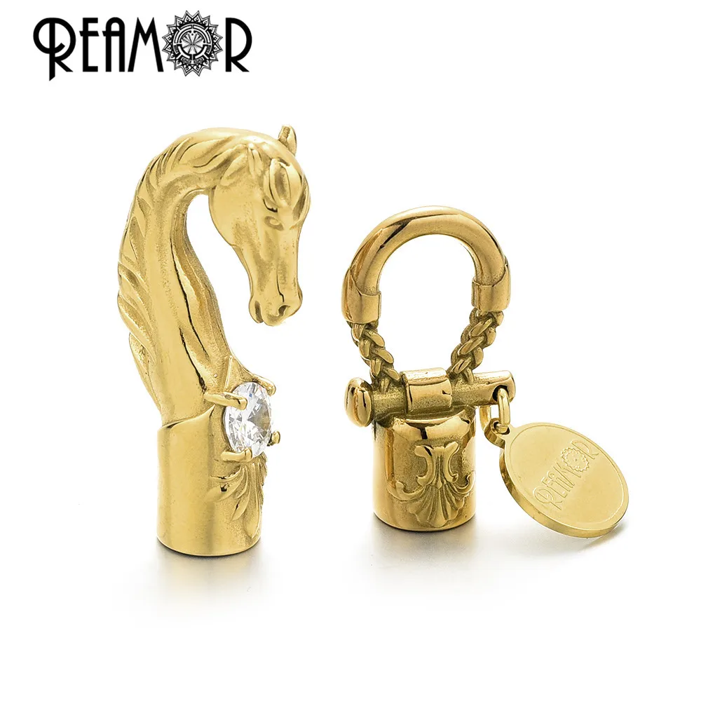 REAMOR 6mm Stainless Steel Wild Horse Bracelet Connector Hook Inlay Zircon Bridle Lock Leather Cord Clasp For DIY Jewelry Making