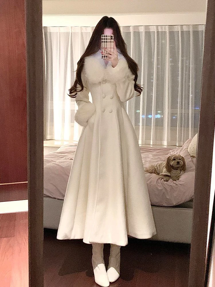 

Длинное двубортное шерстяное пальто Ele, женское зимнее утягивающее талию, модное французское пальто из полиэстера