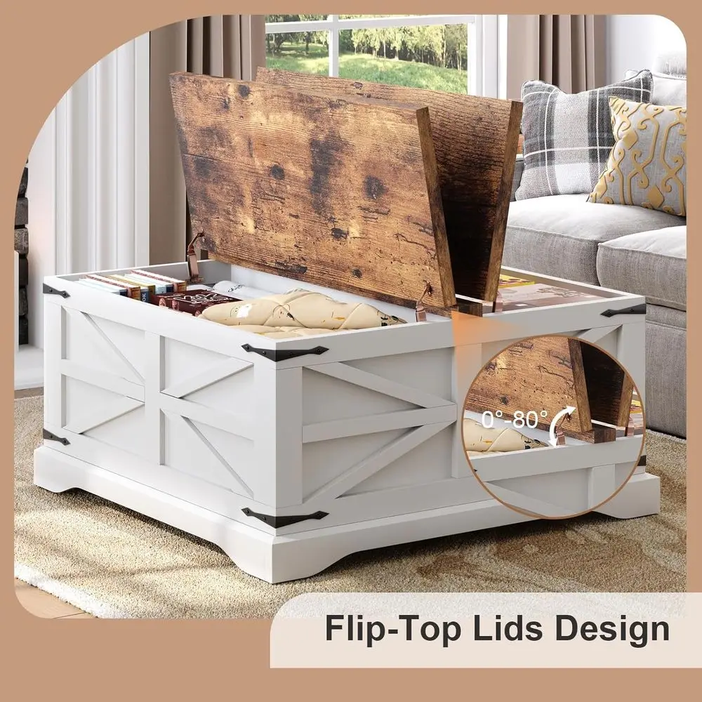 Coffee Table with Storage, Square Coffee Tables for Living Room, Rustic Wood Center Table with Hinged Lighting Tabletop, White