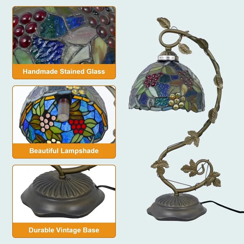Table lamp blue grape floral style handmade stained glass desk retro reading lamp