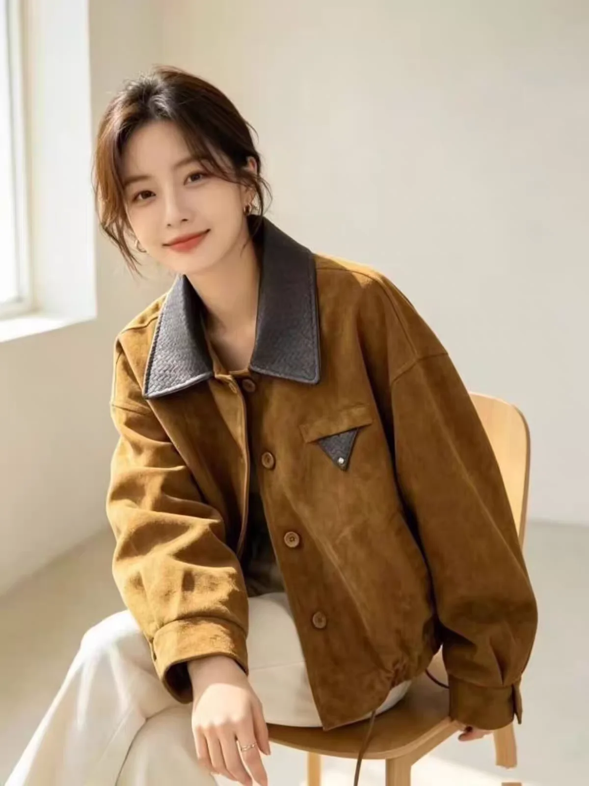 Retro Style Short Suede Jacket Women's Casual Loose Fit Collarless Coat Color Block Design Spring Autumn New Fashion Top