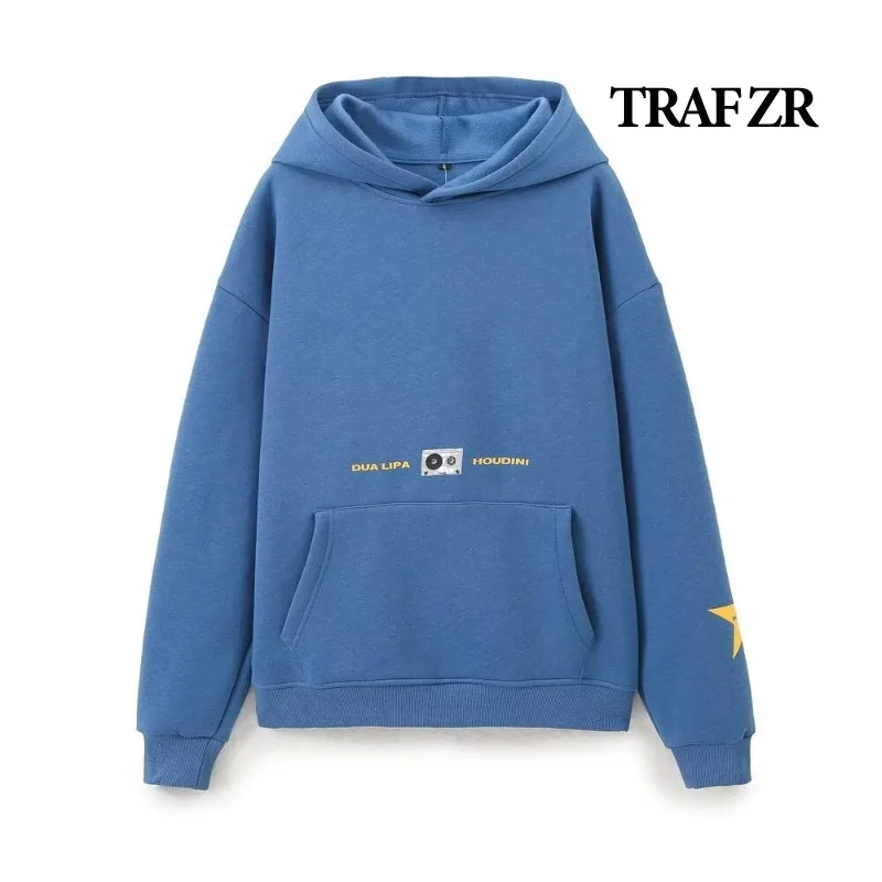 TRAF ZR Ladies Hoodie Autumn Y2k Sweat-shirt Long Sleeve Fall T-shirts Blue Letter Print Hoodies Casual Loose Fit T-shirts