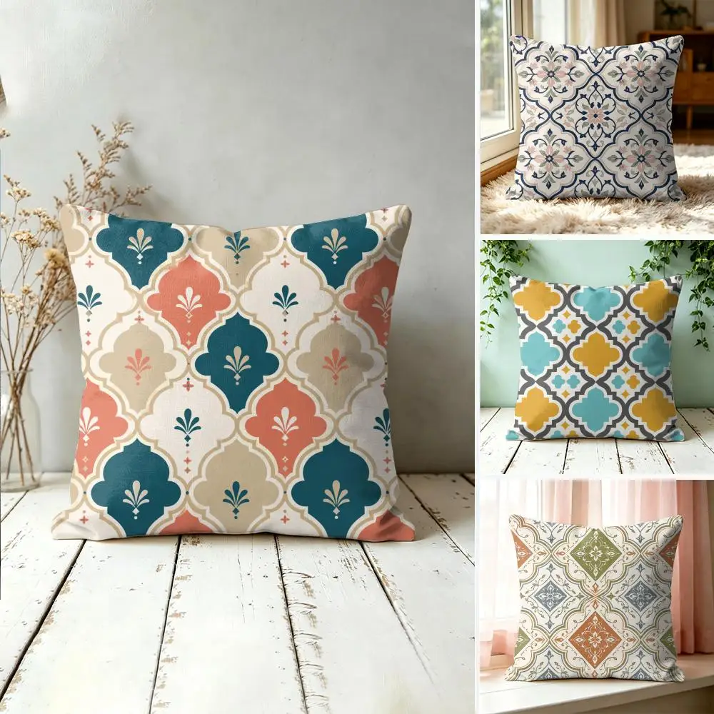 Colorful Boho Moroccan Tile Pillow Case Double-Sided Plush Sofa Cushion Covers Organic Breathable Invisible Zipper