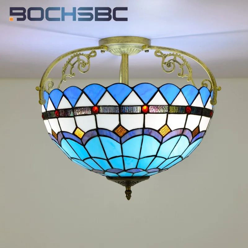 BOCHSBC Tiffany Mediterranean blue stained glass 16inch chandelier deco dining room bedroom hallway bathroom ceiling light