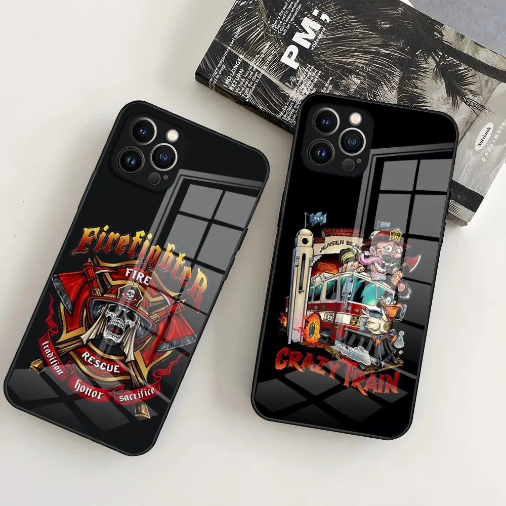 Firefighter Fire Department Phone Case for iPhone 15 Pro 14 13 12 11 Mini X XS XR Max 6 8 Plus SE 2020 Glass Design Cove