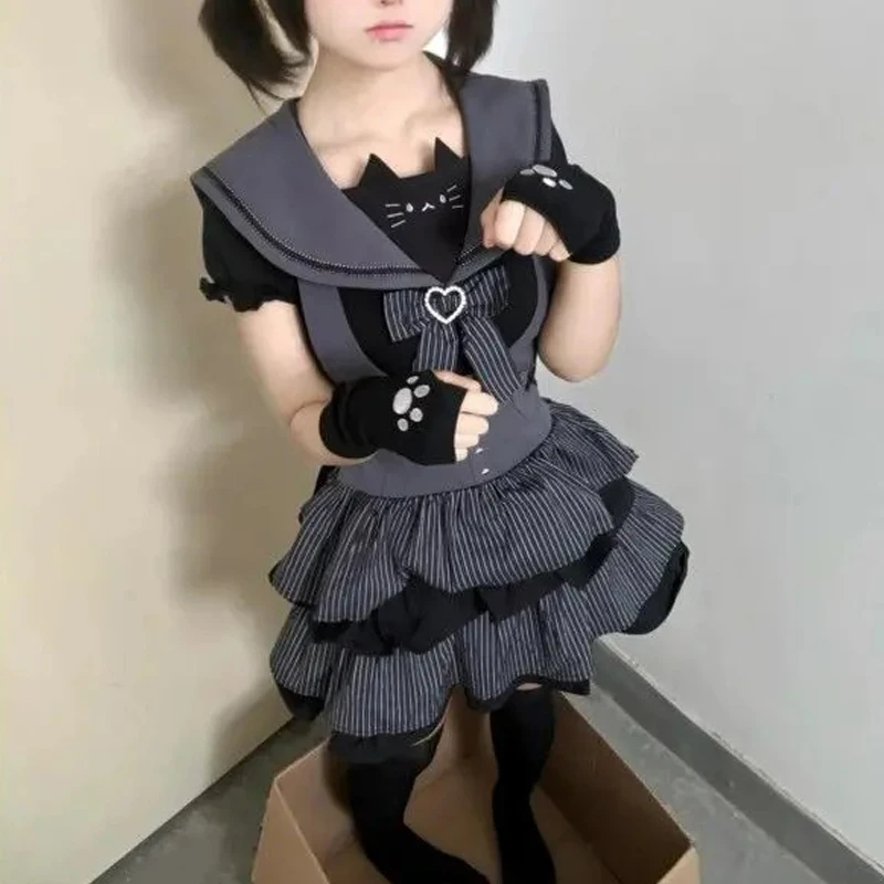 Conjunto de vestido Lolita de marinheiro japonês para mulheres, mini vestidos de festa Harajuku, ruffles patchwork bolo saias, Y2k Bow Top, gola marinheiro, gótico