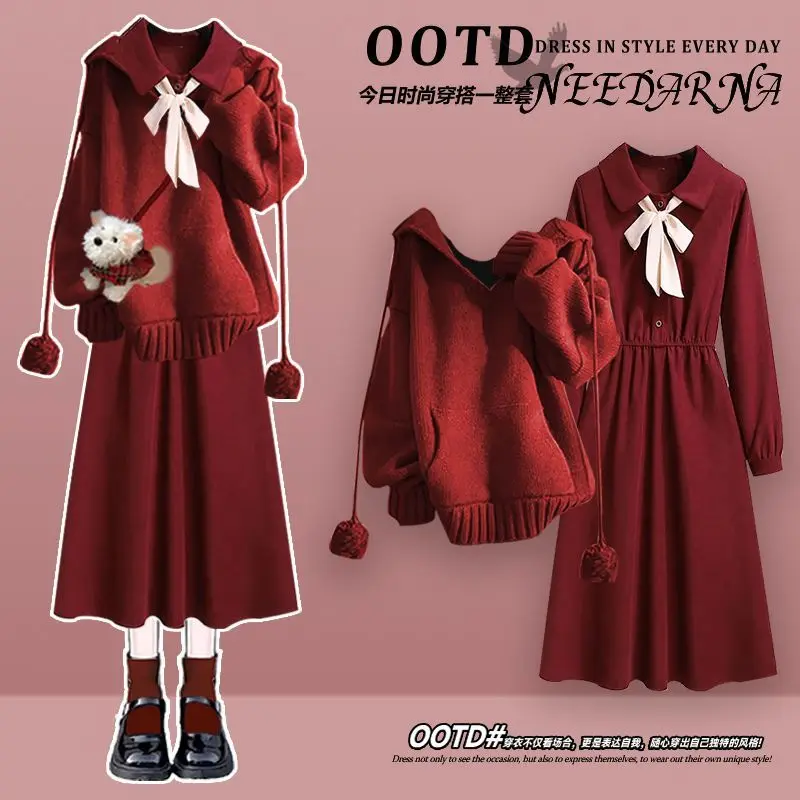 Autumn Winter Set French Elegant Ageing Jumper with Temperament Party Red Long Dress Woman Matching Set - Image 2