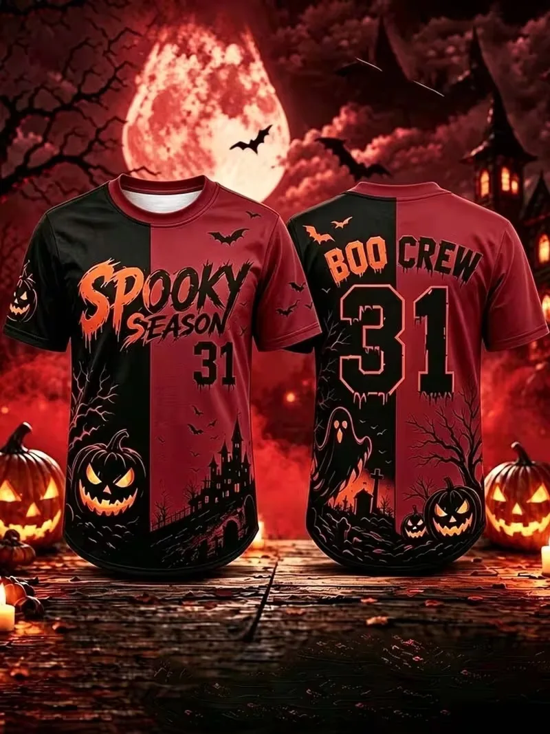 Yellow Black Split Halloween 3D Printed Jersey Spooky Season Boo‑Crew 31 T-shirt Pumpkin Ghost Bat Gothic Fall Party Sports Tees