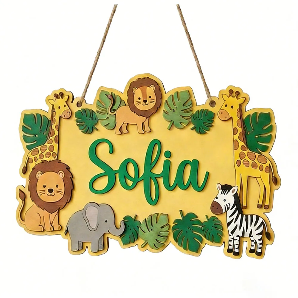 Personalized Safari Name Sign, Cute Yellow Jungle Wooden Nursery Decor, Lion Giraffe Door Plaque, Unique Animal Lover Gift image 4