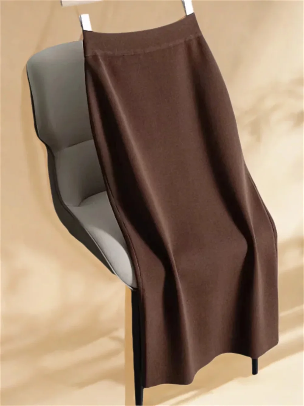 

Вязаная юбка-миди для женщин, осенне-зимняя облегающая одношаговая юбка с разрезом, длинная повседневная прямая одежда большого размера с высокой талией