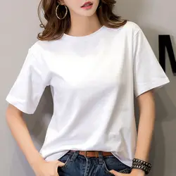 Camiseta minimalista de manga corta con cuello redondo para mujer, Top holgado de algodรณn puro de gran tamaรฑo, Color blanco sรณlido, ropa Ins, novedad de verano
