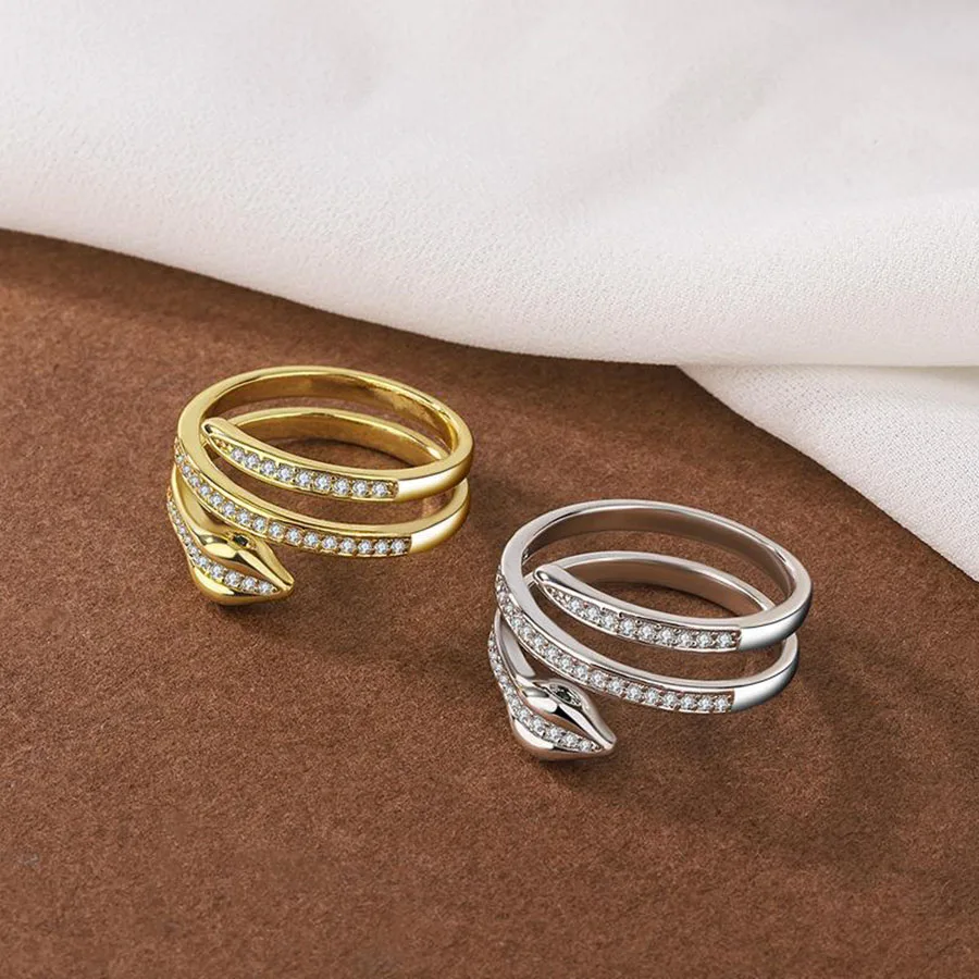 Simple Golden Silver Color Snake Rings for Women Girls Inlaid Rhinestone Popular Accessories Jewelry Gifts