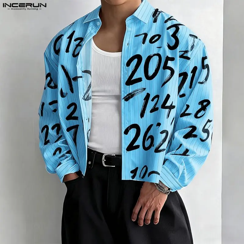 INCERUN Men Shirt Printing Lapel Long Sleeve Loose Casual Men Clothing Streetwear Korean Style Fashion Crop Tops Male Shirts