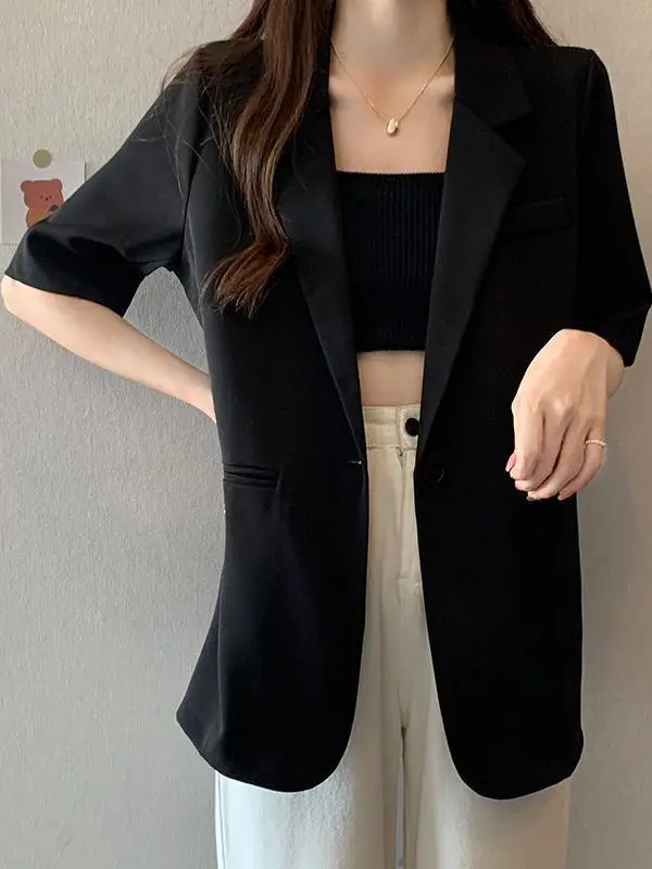 Slim Fit Short Sleeve Suit Jacket for Women Casual Breathable Korean Style Loose Outerwear Versatile Top for Summer 2026