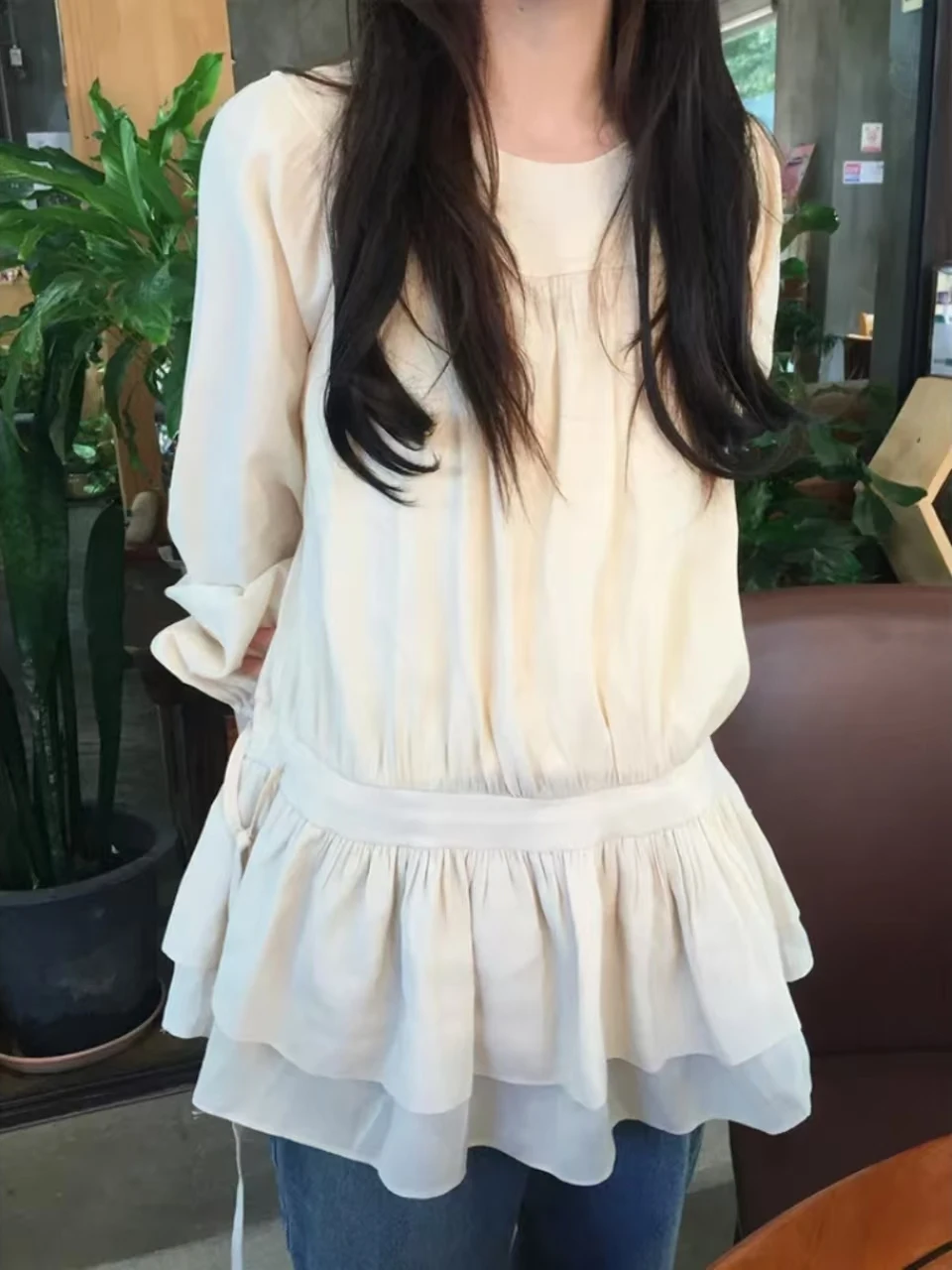 

Chic Long Sve Women's irt Casual Ele Dstring Ruffle Hem Split Design Top Sweet Gentle Sle Commute Korean Loose Fit