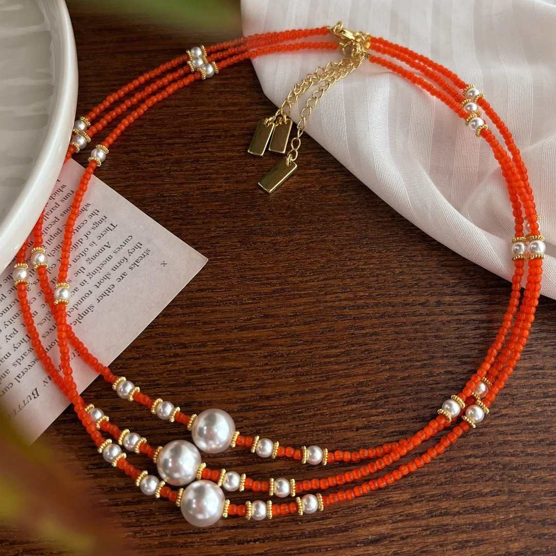 Retro Reddish Brown Cat Eye Contrasting Cold White Shi Family Pearl Design Collarbone Chain Necklace for Women
