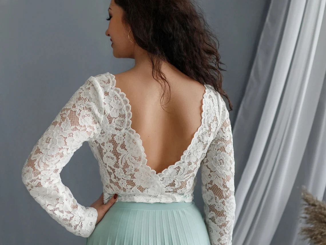 Wedding Bolero Bride Lace Top White Long Sleeve O Neck Sexy Backless Bridal Perspective Jacket Elegant Party Prom Boleros 2022