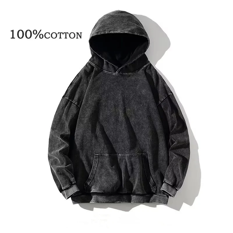 

100% Cotton Men's Clothing Customizable Vintage Black Acid Wash Hoodies Men Women HipHop Sweatshirts Casual Pullover Y2K Clothes