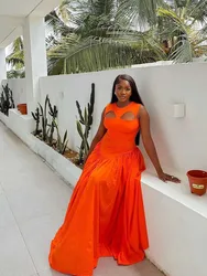 Long Summer Woman Dress Hollow Out Knitted Maxi Dress Beautiful Orange Dress for Women Elegant Party Wholesale Dropshipping