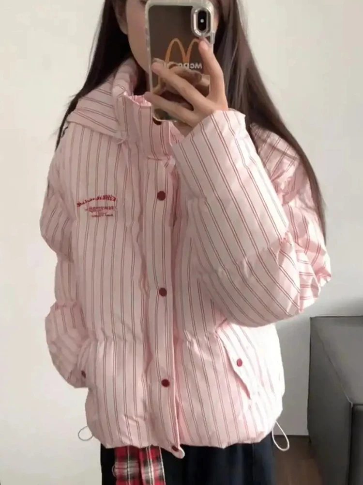 Vintage Gestreiften Brief Parkas Frauen Lose Winter Warme Hip Hop Puffy Mantel Amerikanischen Casual Stehkragen Harajuku Dicke Jacke Neue