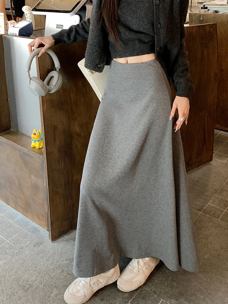 

Qiukichonson Long Skirts Womens knitted Skirt 2024 Autumn Winter Korean Casual High Waist Grey Black A-Line Skirt rok 90cm