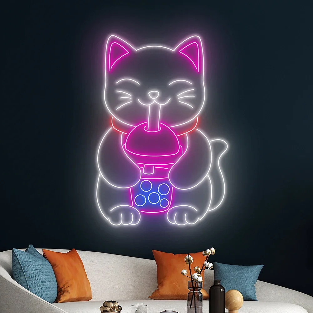 Cute Cat Drinking Boba Tea Neon Sign Bubble Tea Neon Light Kawaii Cat LED Sign But First Boba Sign Coffee Shop Open Wall Decor