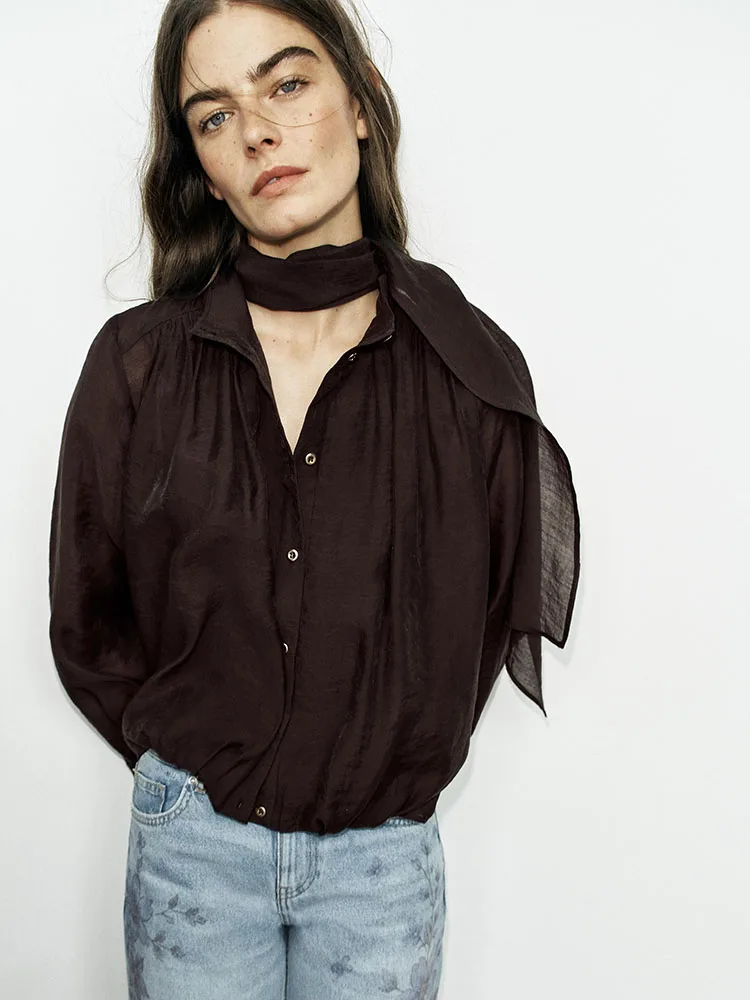 New 2026 Autumn Women's Long Sleeve Stand Collar Adjustable Scarf Shirt Top Casual Style All Material 100% Other 7970506 700