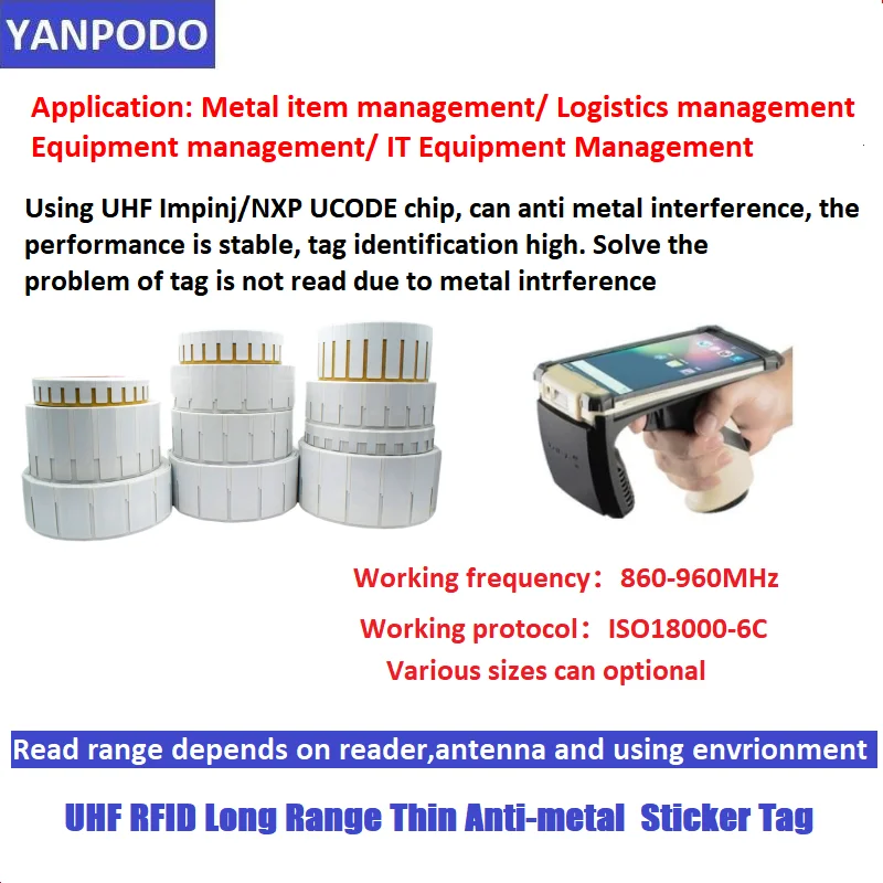 Yanpodo 방수 유연한 초박형 RFID 금속 태그 접착 스티커, 안티 메탈 RFID UHF 태그 M730/U8 칩, 860-960MHz EPC Gen2