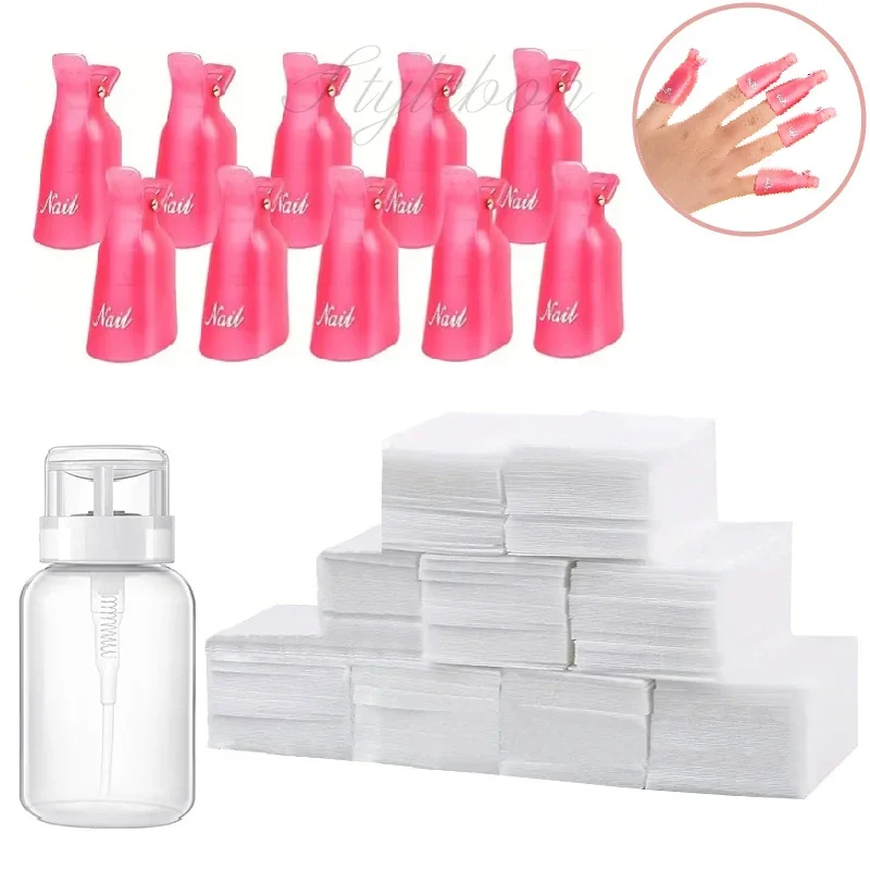 Nail Polish Gel Remover Kit with Soak Off Clips 200ml Remover Bottle Remover Pads Manicure Detacher clip Set Kit Nail Art