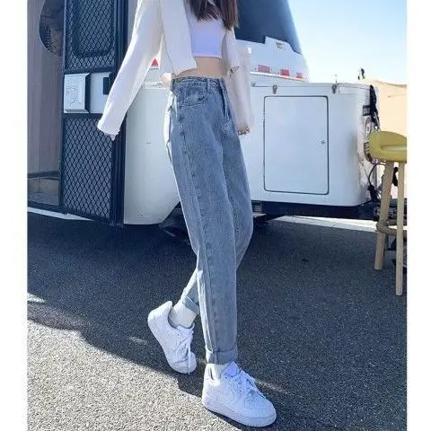 

Women'S Cropped Jeans Women Looks Drawstring Elastic Waist Relaxed Loose Fit Female Denim Fashion Comfortable Basic Simple Daily