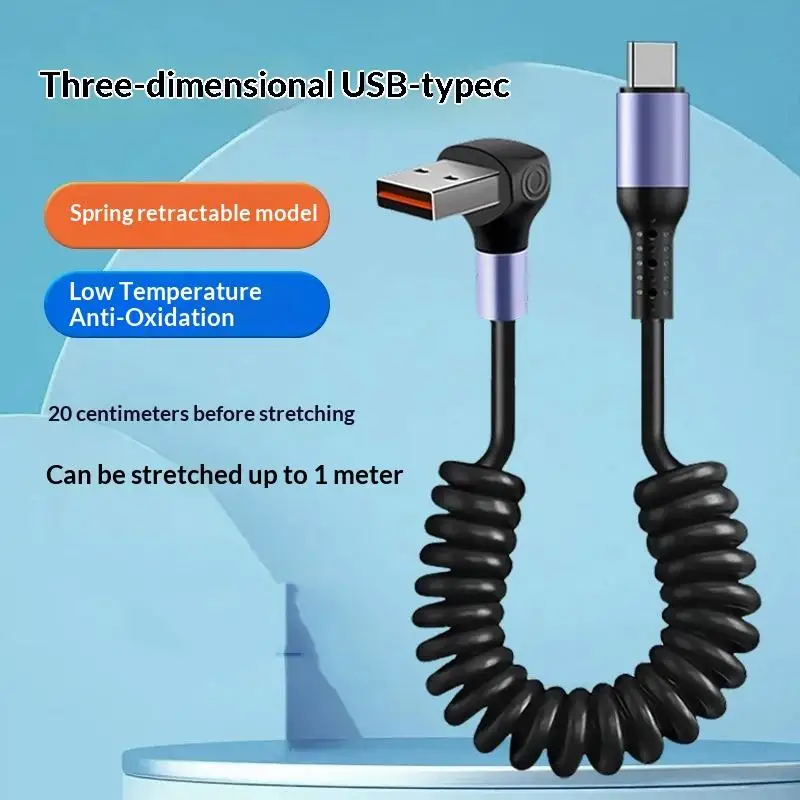 90°Elbow Type C To Type C Cable With Spring Rope For Phone Car Spring Cable Short Fast Charging USB C Cable