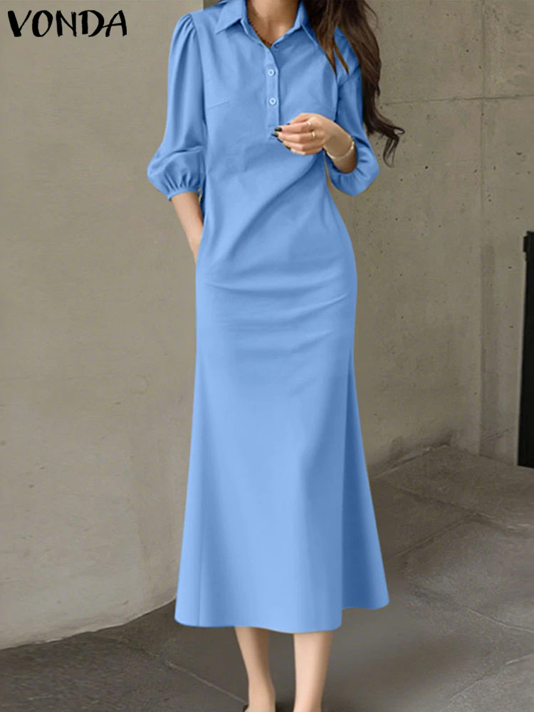 Vintage Dress Plus Size Women Office Lady Long Sundress 2025 VONDA Fashion 3/4 Sleeve Lapel Neck Robe Casual Loose Vestidos 5XL