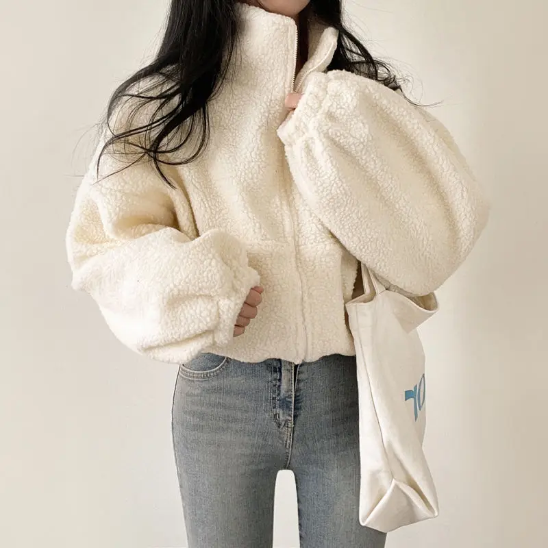 Coat Blue Winter Autumn Blue Short Lamb Wool Stand Collar Cashmere Thick Crop Lamb Wool Add Wool Upset Casual Coat