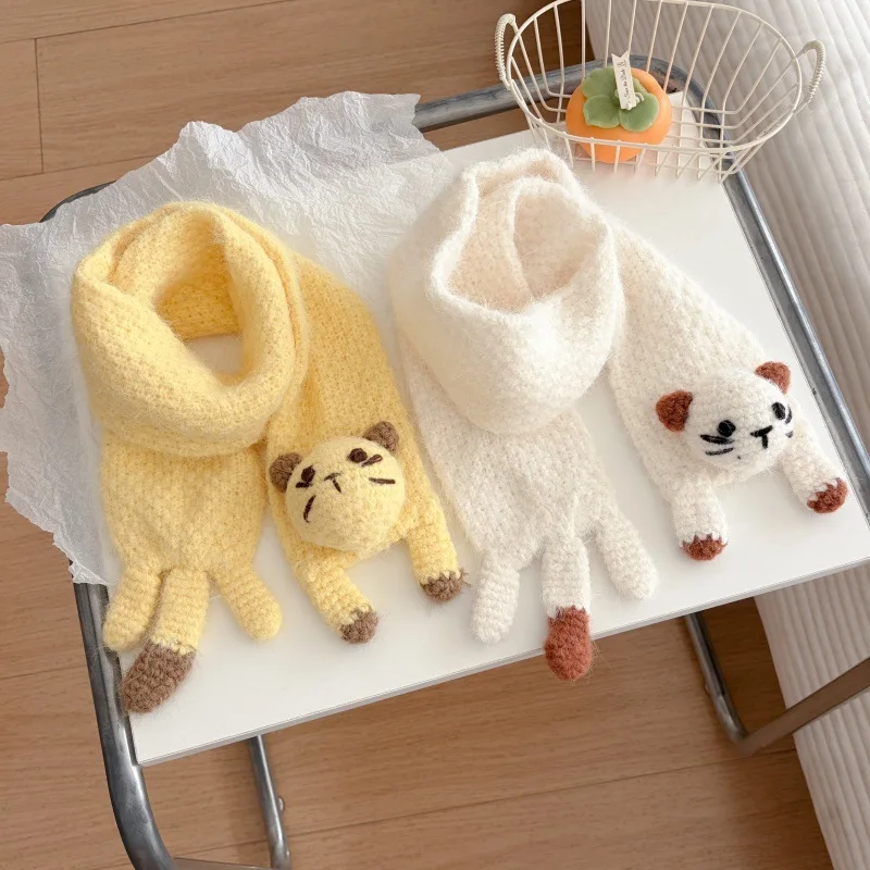 Hand-crocheted Korean Version of Cute Kitten Knitted Versatile Wool Scarf Women's Autumn and Winter Soft Waxy Warm Scarf Scarf