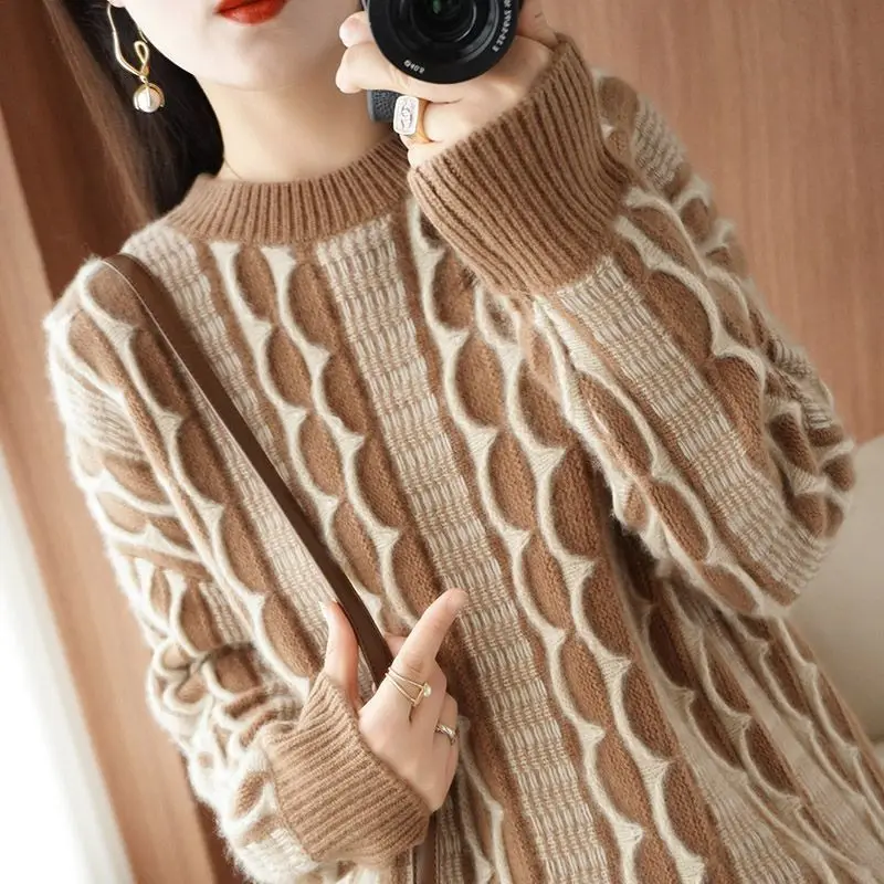 Autumn Winter Long Sleeve Round Neck Screw Thread Pullover Women's Clothing Contrast Color Sweater Knitted Korean Fashion Tops