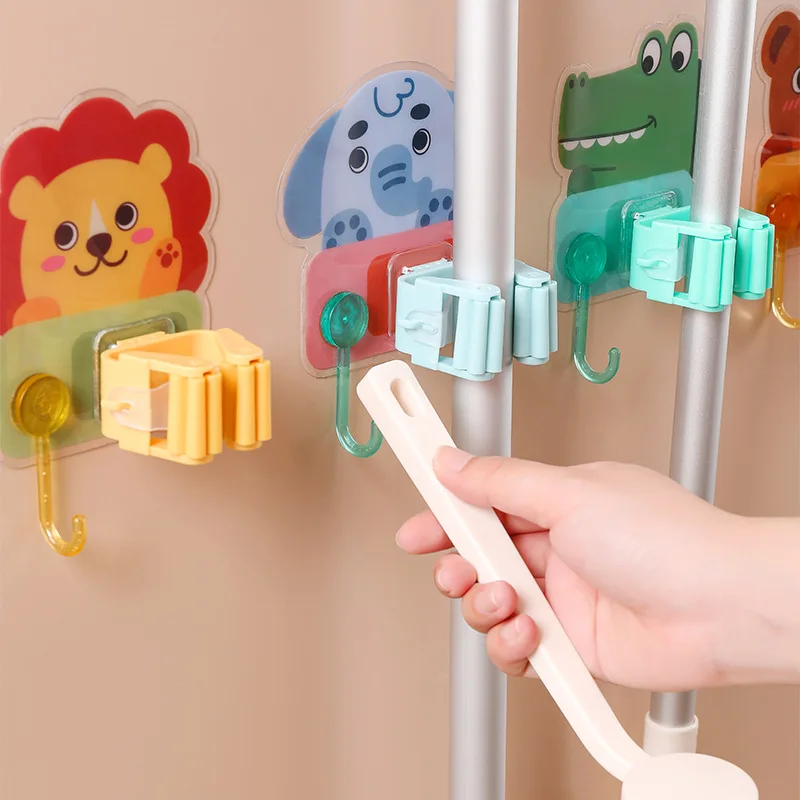 4PCS Cartoon Wall Hook Heavy Strong Self Adhesive Hook Seamless Cute Sticker Hook Wall Mounted Mop Organizer Holder Broom Hanger