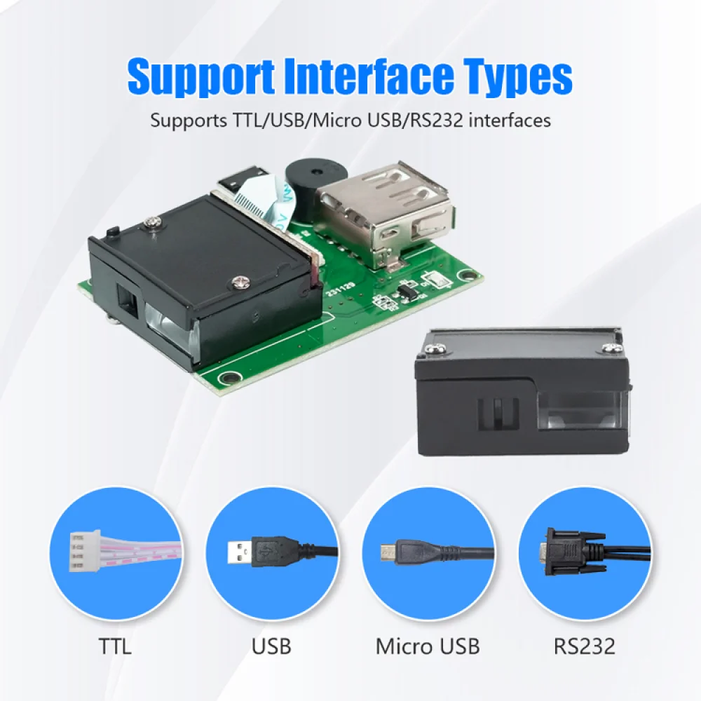 Mini 2D Barcode Scanner Module, USB/RS232/TTL Interface, Plug-and-Play for Factory Assembly Line, Logistics, Kiosk – Reads Scree