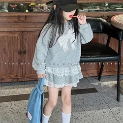 Summer Girls Sets Children Sweatshirt Suits Kids Long Sleeve Top+Skirs 2Pcs Fashion Lace Drawstring Outfits Children Clothing