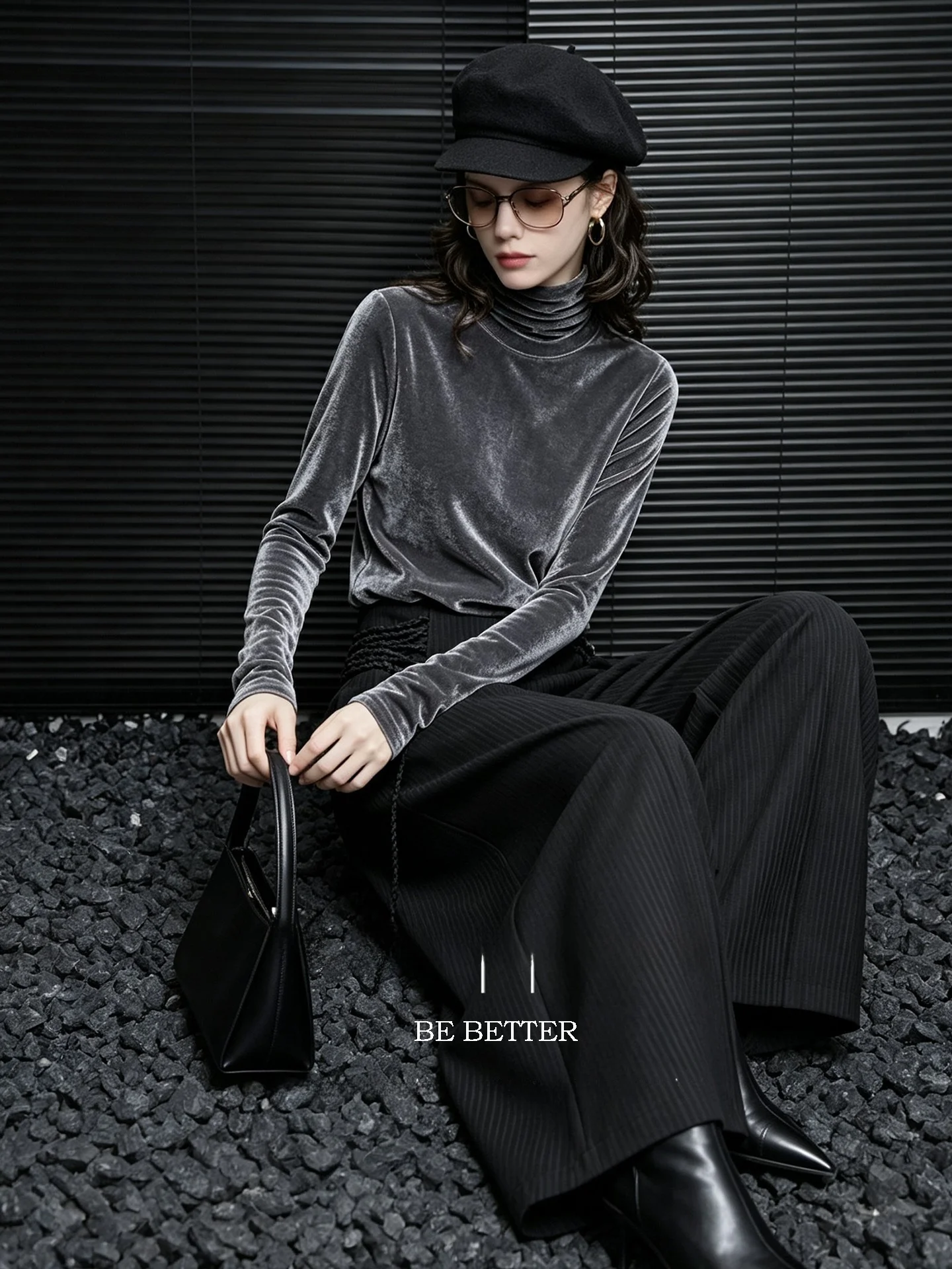 Huaappuw Black Asymmetrical Wide Leg Pants Women's Casual Versatile High Waist Trousers French Style Polyester Blend