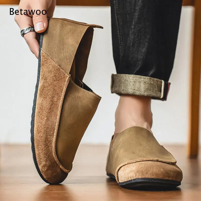 Men Vintage Comfort Loafers Matte Faux Leather and Suede Spliced Design Foldable Collapsible Heel Two Ways Wear Slip On Flat